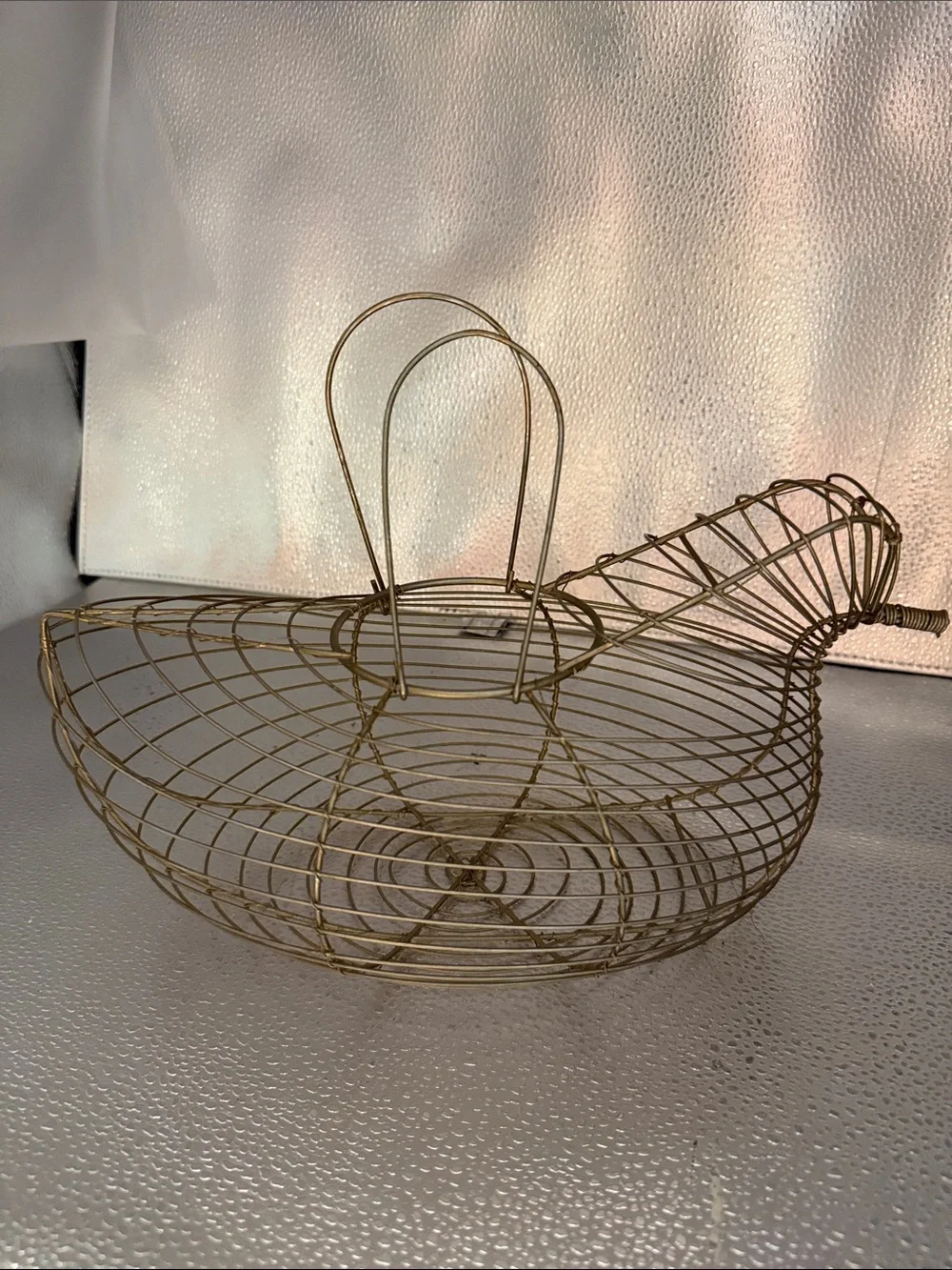 Vintage Bird Silhouette Gold Wire Basket  with dual loop Handles